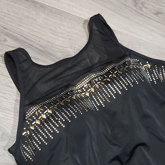 Black Mesh Gold/Silver Studded Rouched Swimsuit - Picture 2 of 6